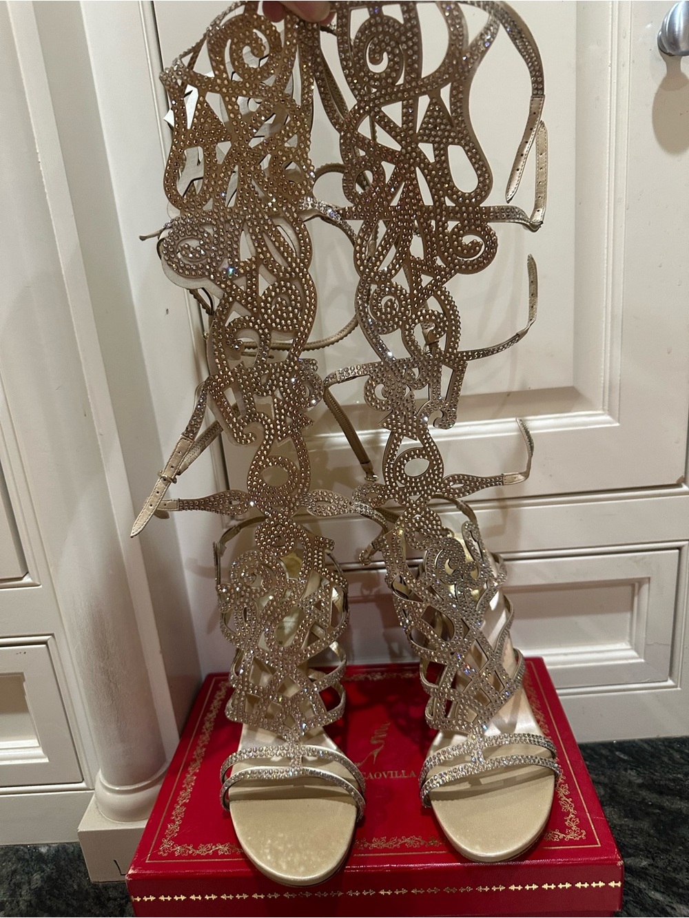 Rene Caovilla Gold Crystal Lace-Up Gladiator Heels NIB 39.5 ret. $$2925 RARE